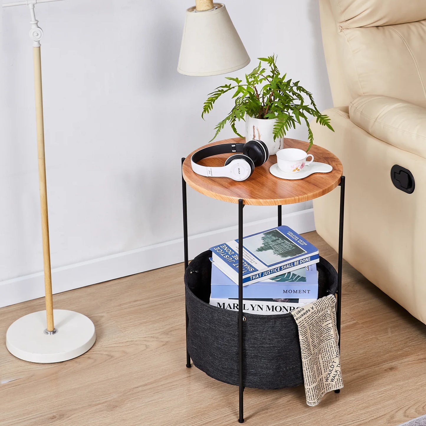 Round Side Table with Fabric Storage Basket