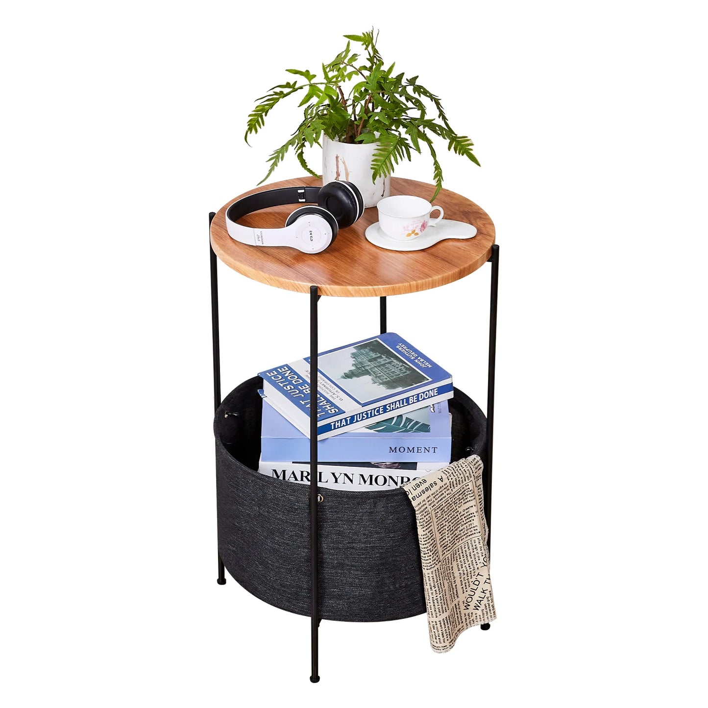 Round Side Table with Fabric Storage Basket