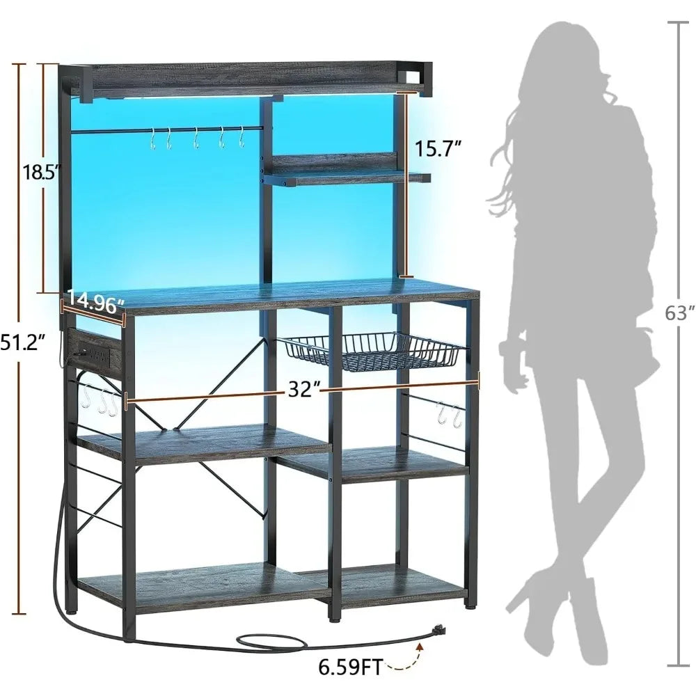 Bakers Rack With Power Outlet and LED Light Strings