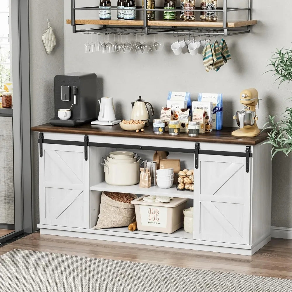 Farmhouse Sideboard Buffet Cabinet, Coffee Bar Storage with Sliding Barn Doors