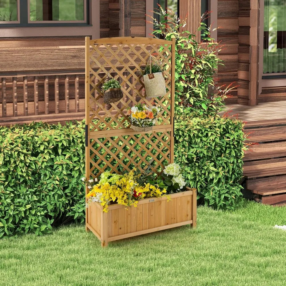 2 Pcs Wooden Garden Bed Flowerpots Planter Raised Bed with Trellis - Charlie's Cozy Corner