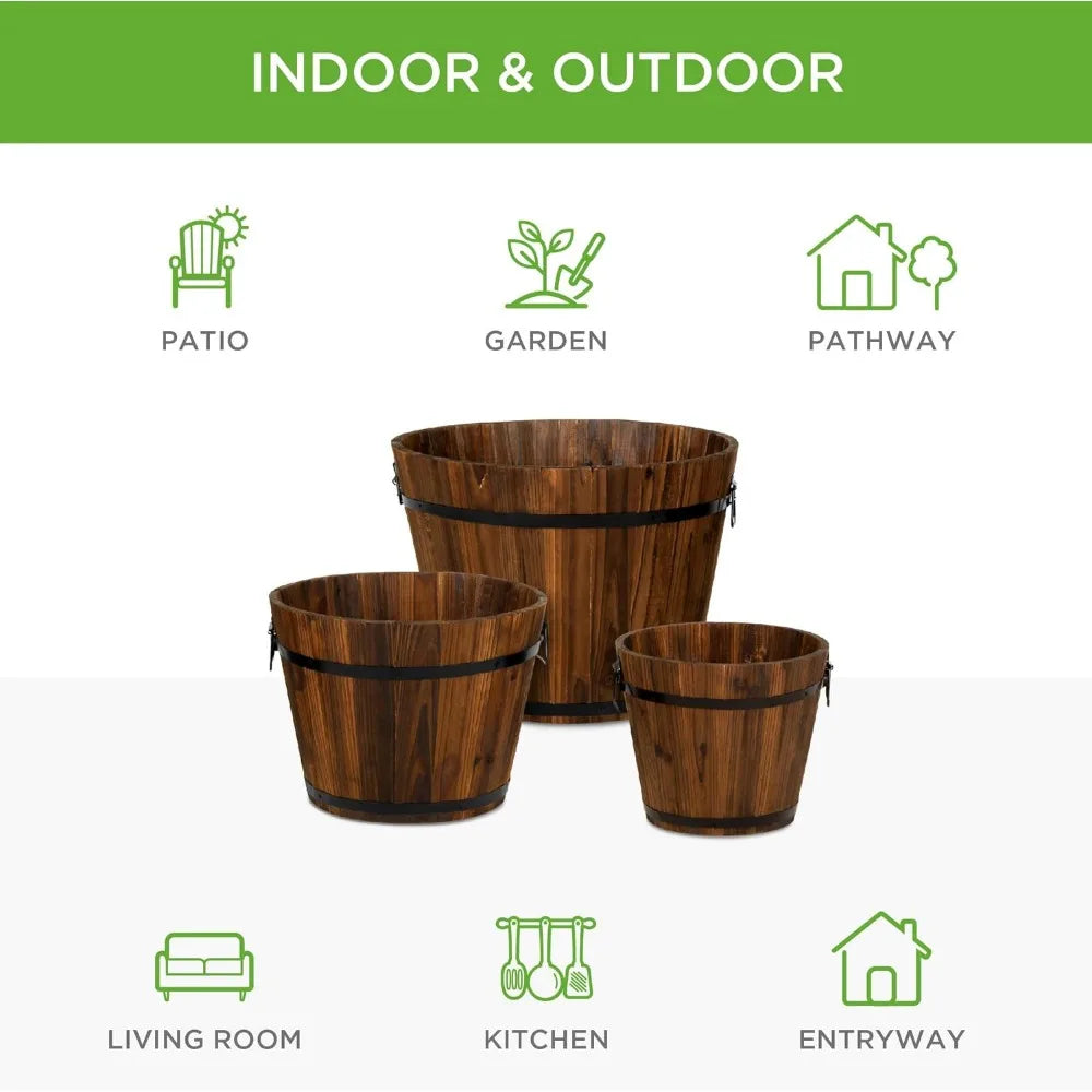 Set of 3 Wooden Bucket Barrel Garden Planters Set Rustic