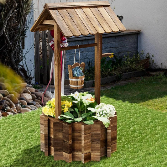 Wooden Wishing Well Planter with Hanging Bucket for Flower and Plants