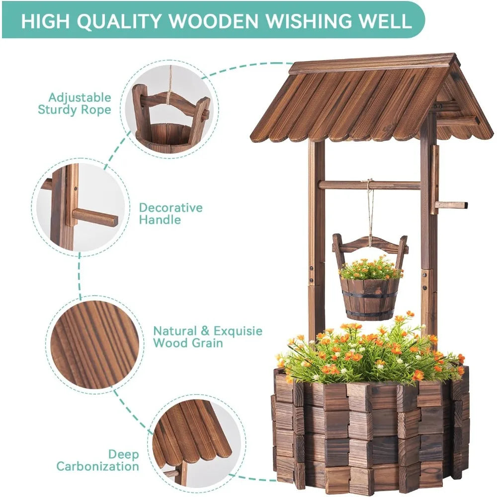 Wooden Wishing Well Planter with Hanging Bucket for Flower and Plants