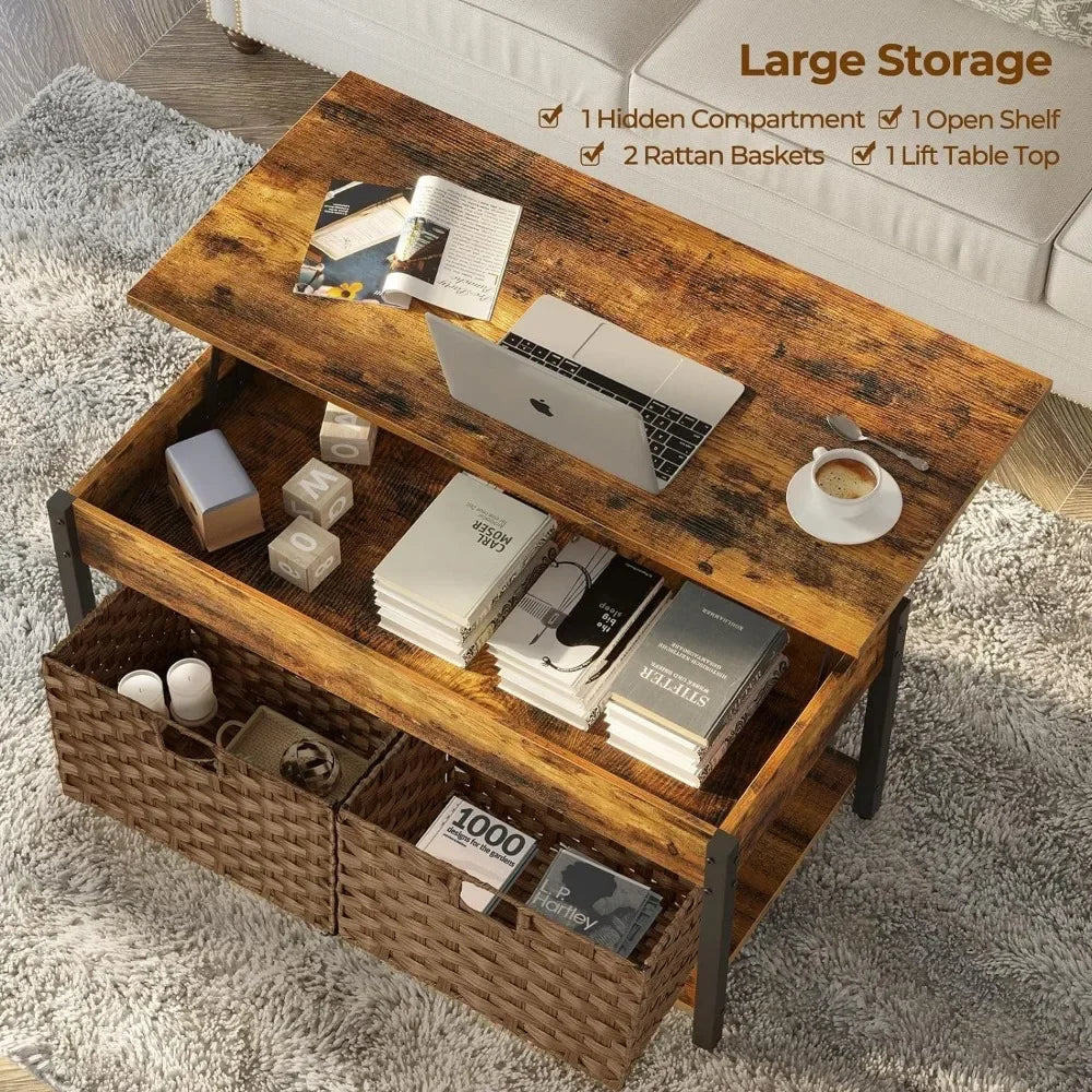 Lift Top Coffee Table with Hidden Storage Compartment and 2 Rattan Baskets