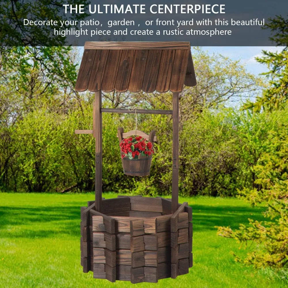 Wooden Wishing Well Planter with Hanging Bucket for Flower and Plants