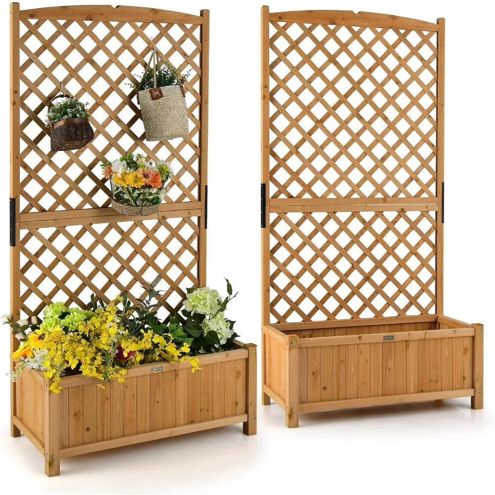 2 Pcs Wooden Garden Bed Flowerpots Planter Raised Bed with Trellis - Charlie's Cozy Corner