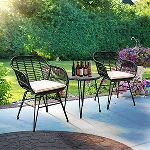 3 Piece  Wicker Bistro Set, All-Weather Outdoor Patio Furniture w/Table and Cushions - Charlie's Cozy Corner