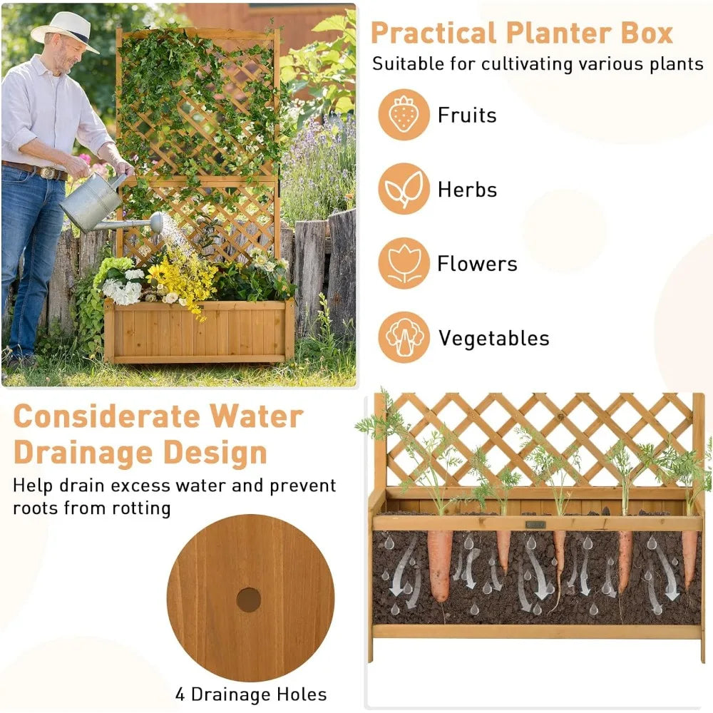 2 Pcs Wooden Garden Bed Flowerpots Planter Raised Bed with Trellis - Charlie's Cozy Corner