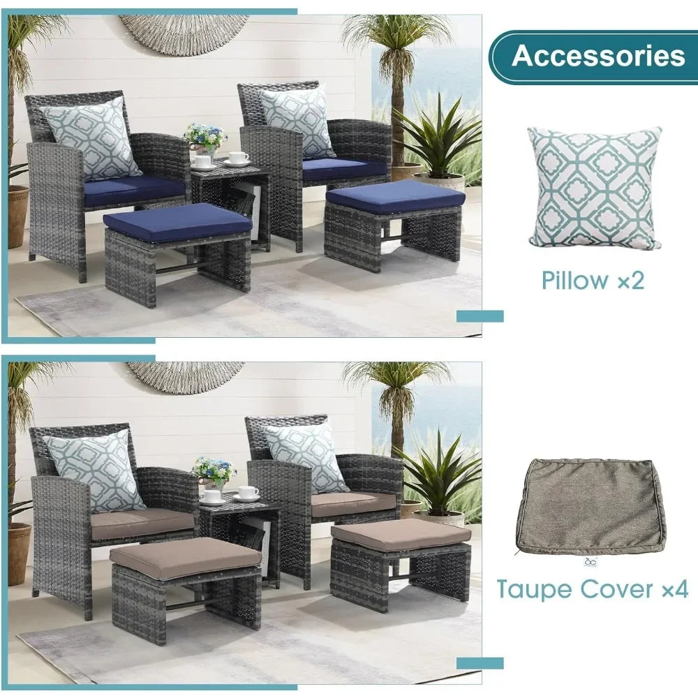 5 Piece Patio Furniture Set,Wicker Outdoor Conversation and Ottoman Set with Coffee Table,