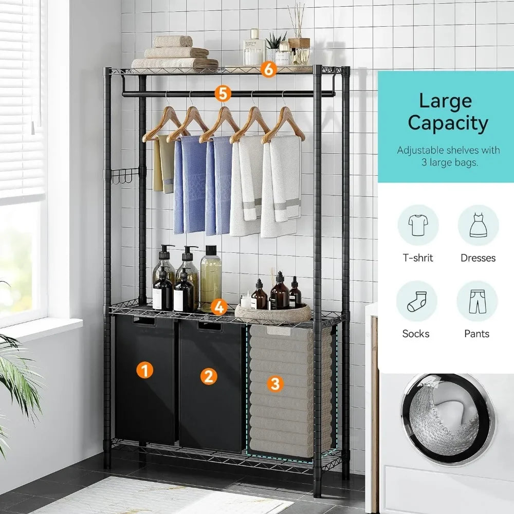 Heavy Duty Clothes Rack With Laundry Sorter 3 Section Laundry Basket With Shelves