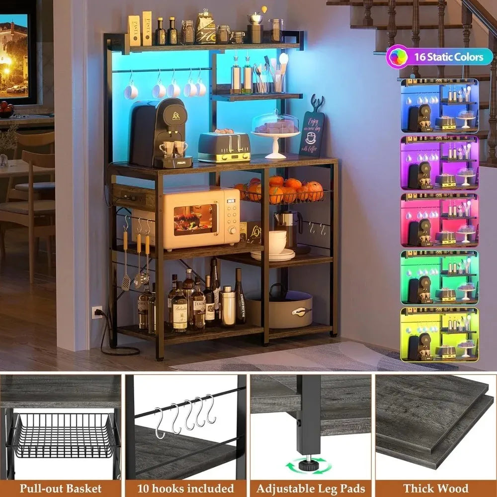 Bakers Rack With Power Outlet and LED Light Strings