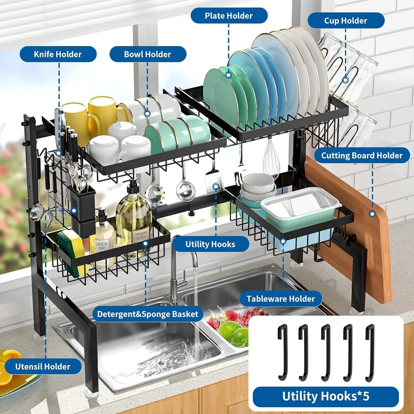 2-Tier Steel Large Over The Sink Dish Rack with Utensil Holder Dish Drainers