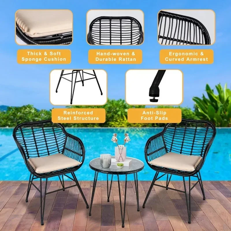 3 Piece  Wicker Bistro Set, All-Weather Outdoor Patio Furniture w/Table and Cushions - Charlie's Cozy Corner