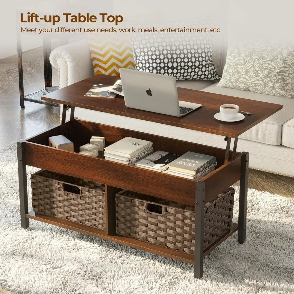 Lift Top Coffee Table with Hidden Storage Compartment and 2 Rattan Baskets