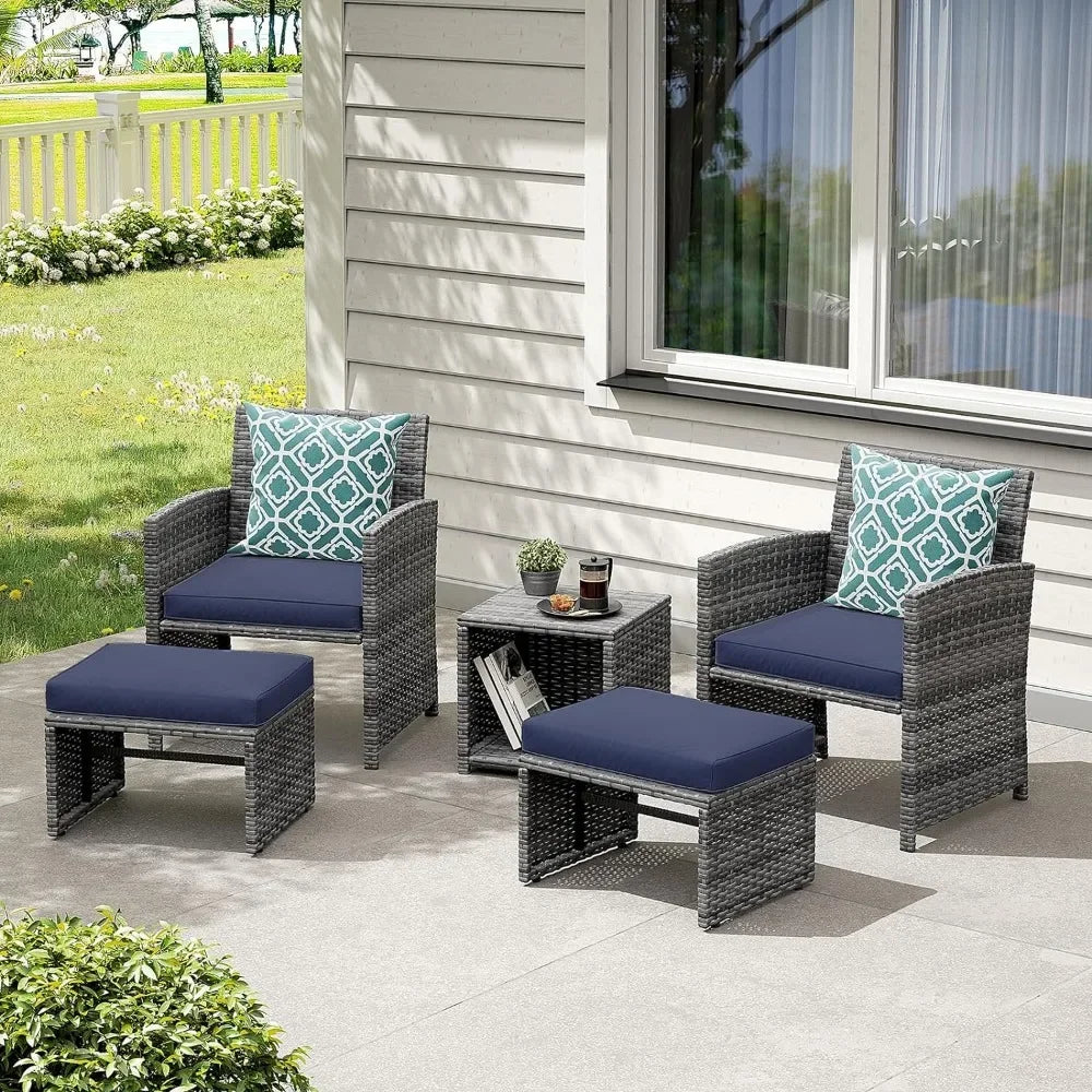 5 Piece Patio Furniture Set,Wicker Outdoor Conversation and Ottoman Set with Coffee Table,