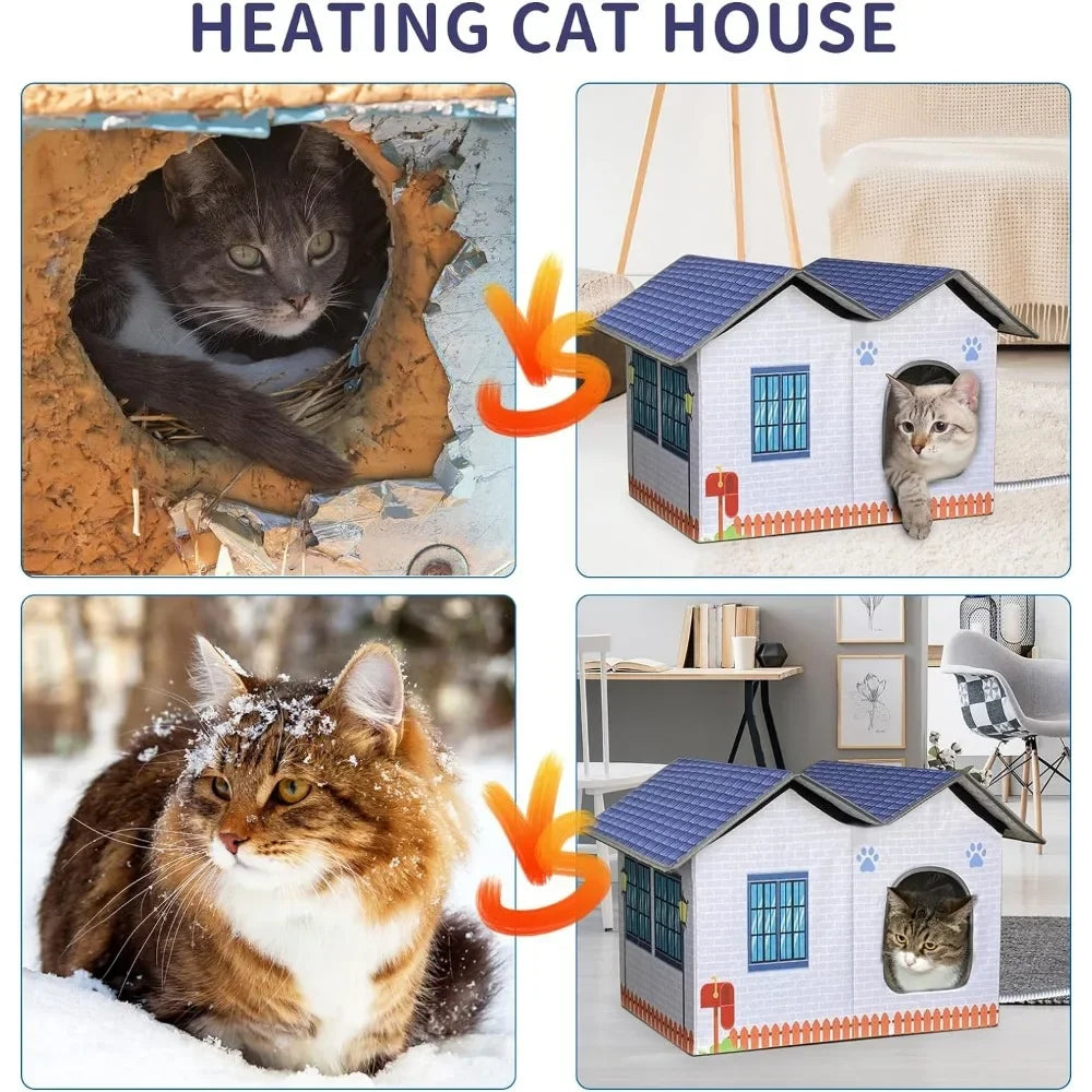 Large Cat House for Multiple Cats Indoor/Outdoor With Electric Heated Cat Bed