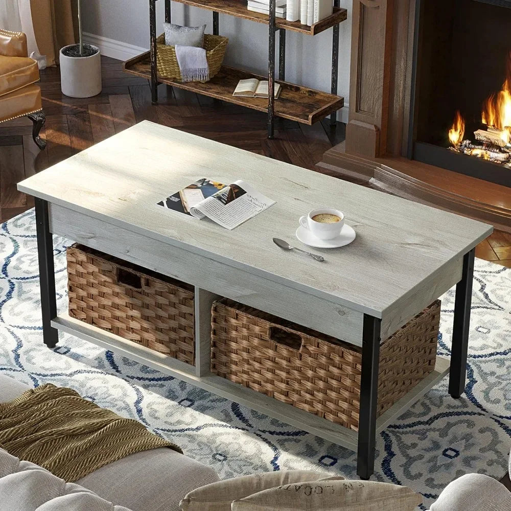 Lift Top Coffee Table with Hidden Storage Compartment and 2 Rattan Baskets