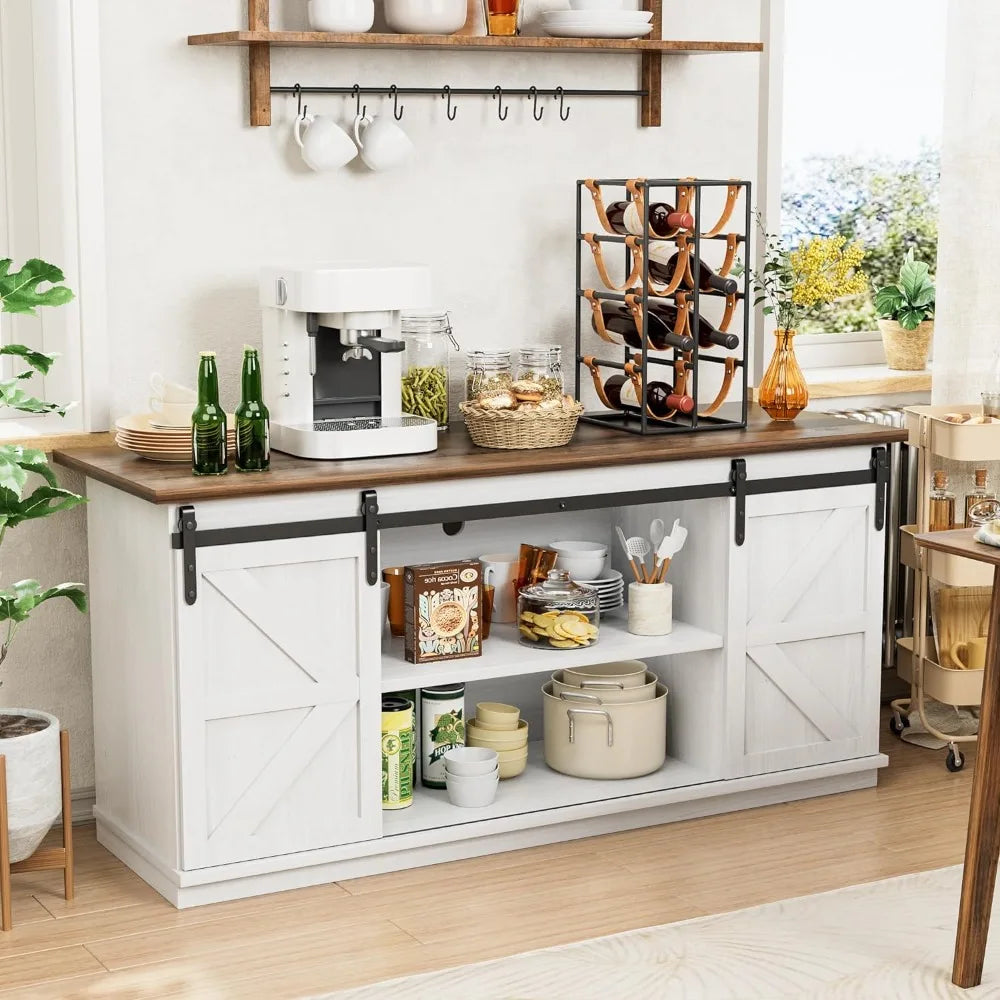 Farmhouse Sideboard Buffet Cabinet, Coffee Bar Storage with Sliding Barn Doors