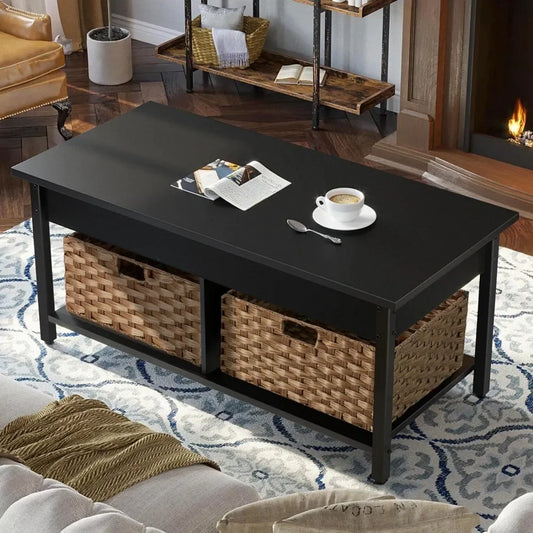 Lift Top Coffee Table with Hidden Storage Compartment and 2 Rattan Baskets