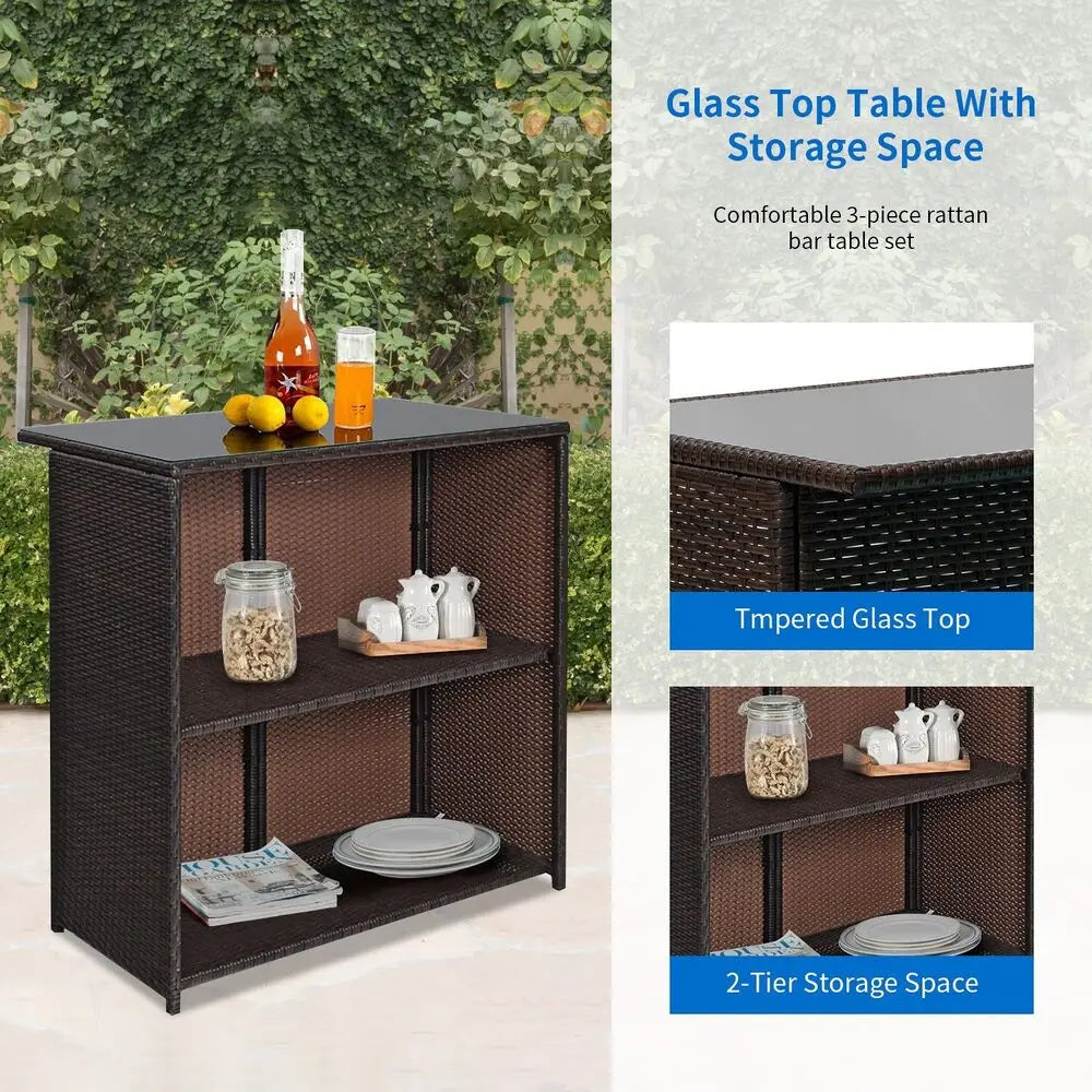 3PCS Wicker Patio Bar  with Two Stools for Entertaining - Charlie's Cozy Corner