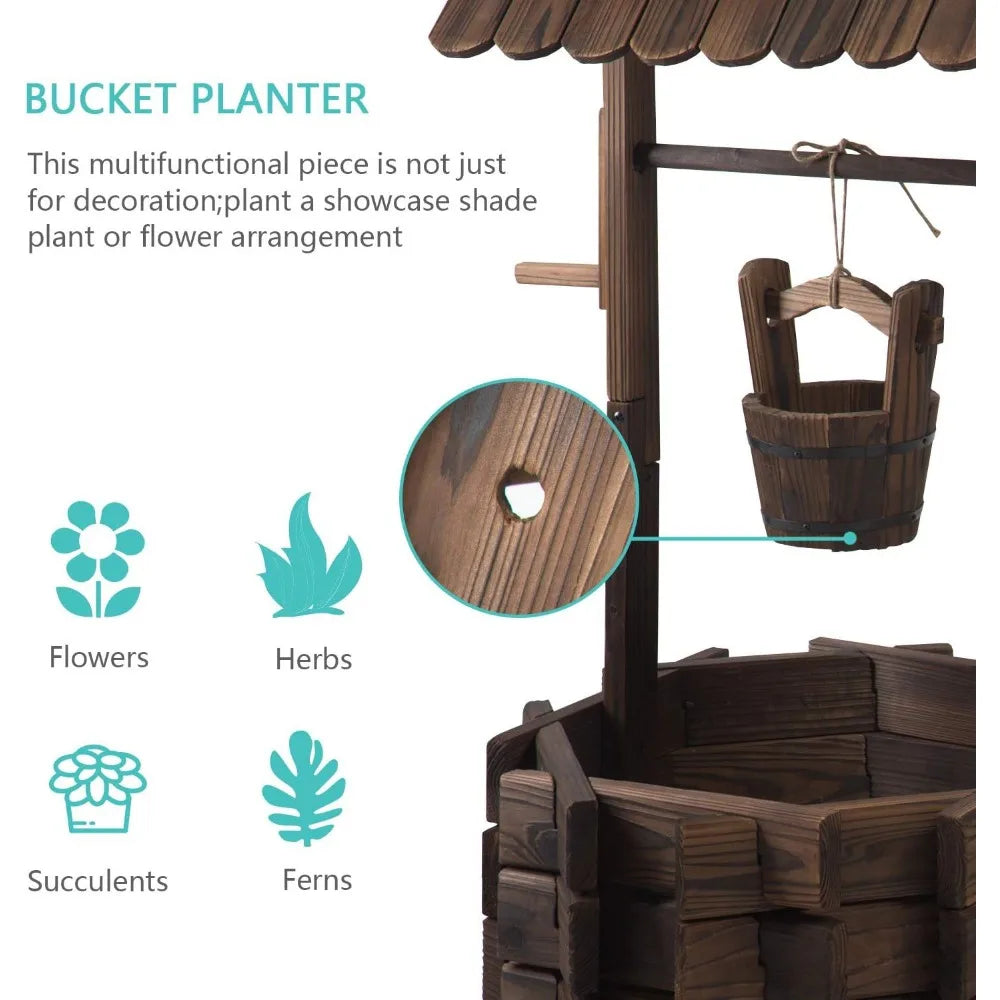 Wooden Wishing Well Planter with Hanging Bucket for Flower and Plants