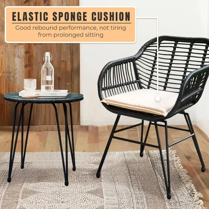 3 Piece  Wicker Bistro Set, All-Weather Outdoor Patio Furniture w/Table and Cushions - Charlie's Cozy Corner