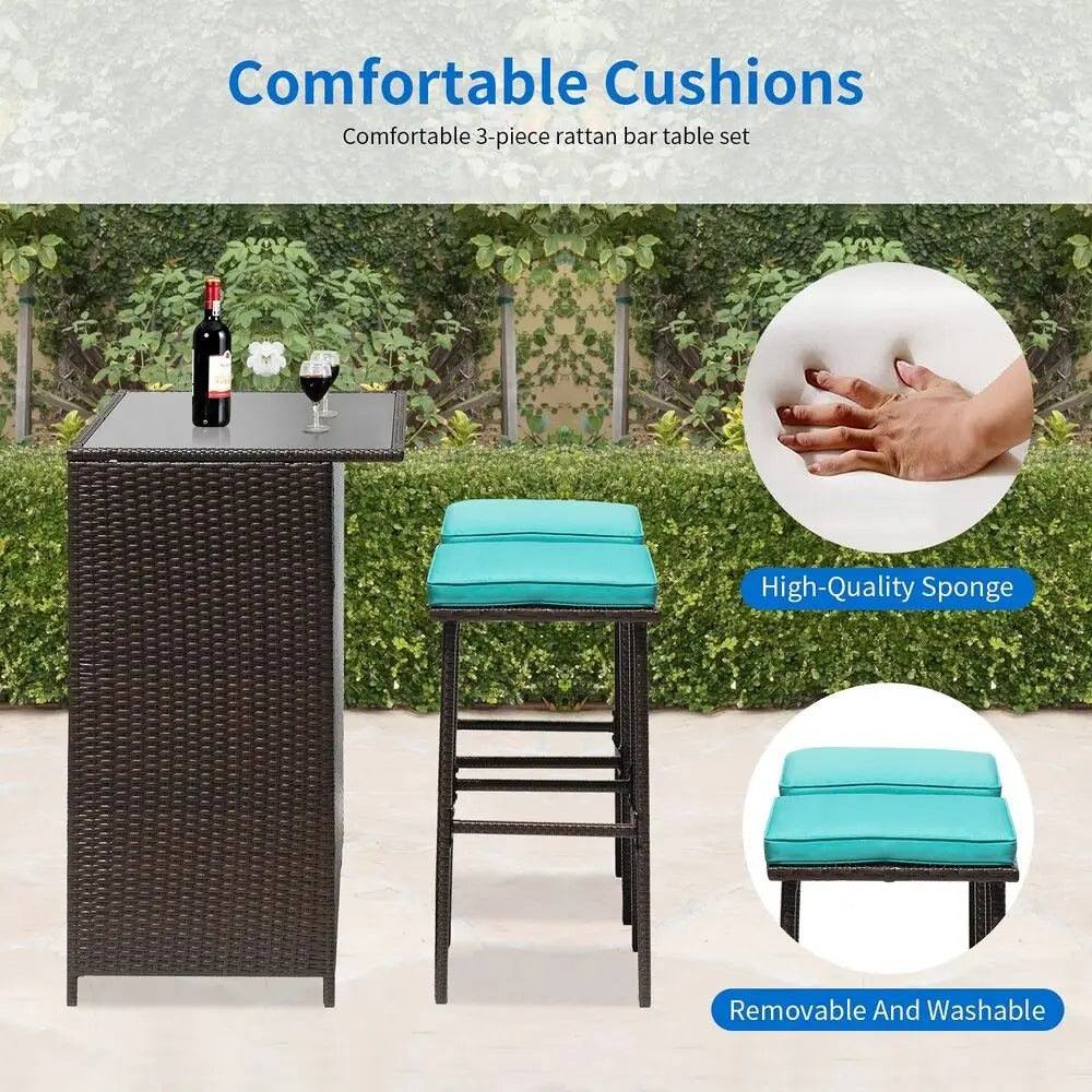 3PCS Wicker Patio Bar  with Two Stools for Entertaining - Charlie's Cozy Corner